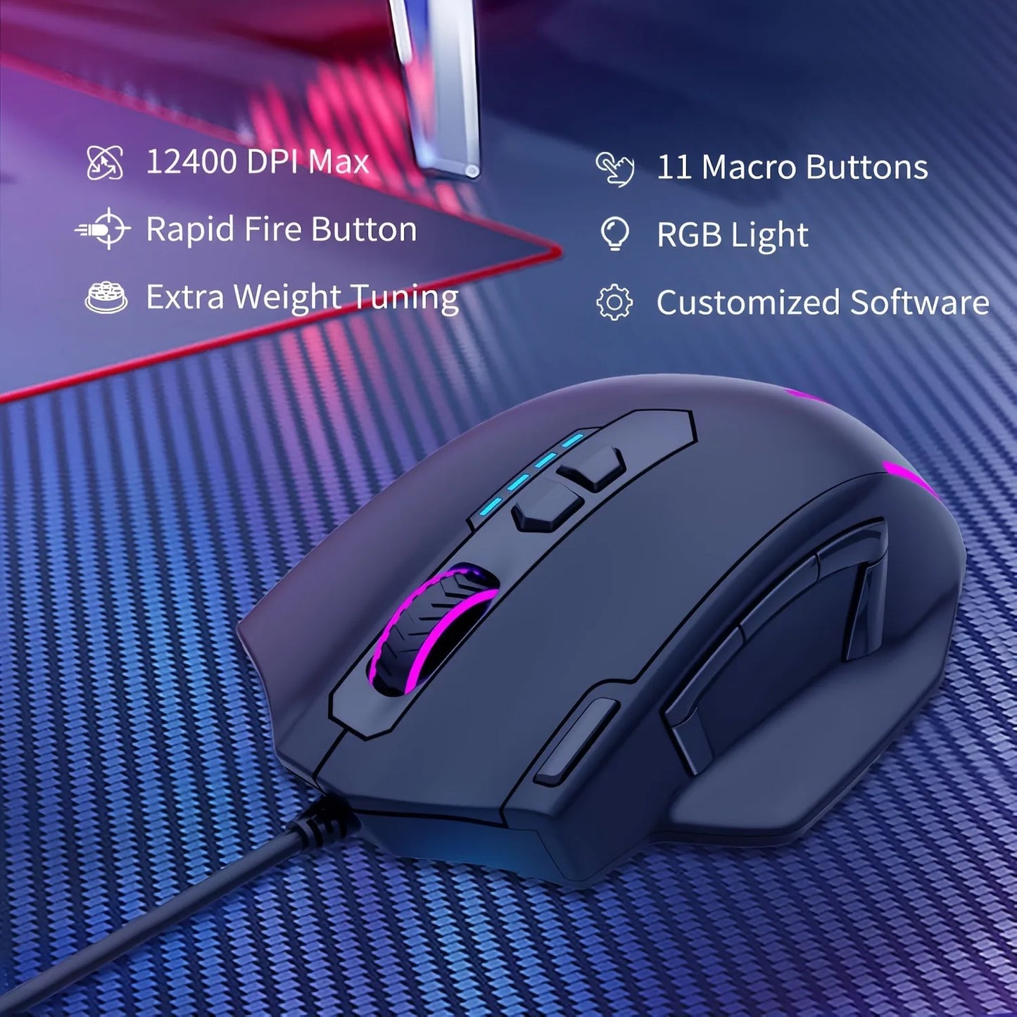 Ratón con cable E-YOOSO X-41PRO, ratón gaming grande con retroiluminación RGB, 11 botones laterales programables, compatible con ordenador, PC, portátil y Mac