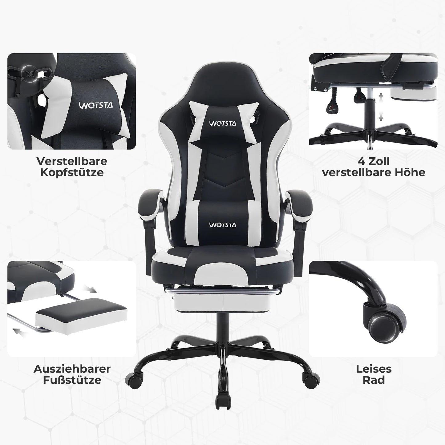 WOTSTA Gaming Chair Ergonomic Gamer Chair with Footrest, Adjustable Lumbar Support, Headrest, Reclining Computer Chair for Office & Gaming