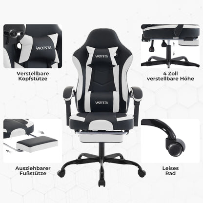 WOTSTA Gaming Chair Ergonomic Gamer Chair with Footrest, Adjustable Lumbar Support, Headrest, Reclining Computer Chair for Office & Gaming