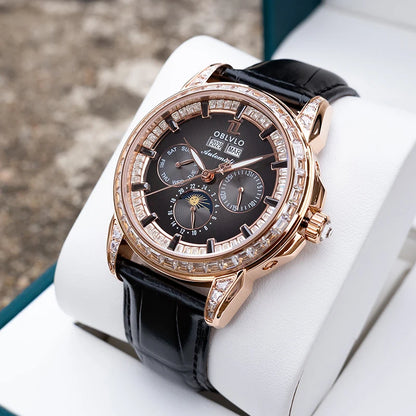 OBLVLO Men Automatic Watch 40mm Mechanical Wristwatch 5ATM Luminous Crystal Bezel Year,Month,Week,Date,24 Hours TY1655 Mov.