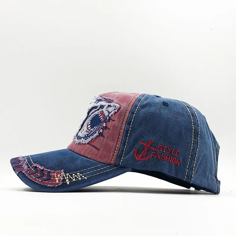 Trendy Shark Pattern Washed Baseball Cap for Men Women, Outdoor Fishing Sun Hat, Unisex Vintage Hip Hop Flat Brim Caps