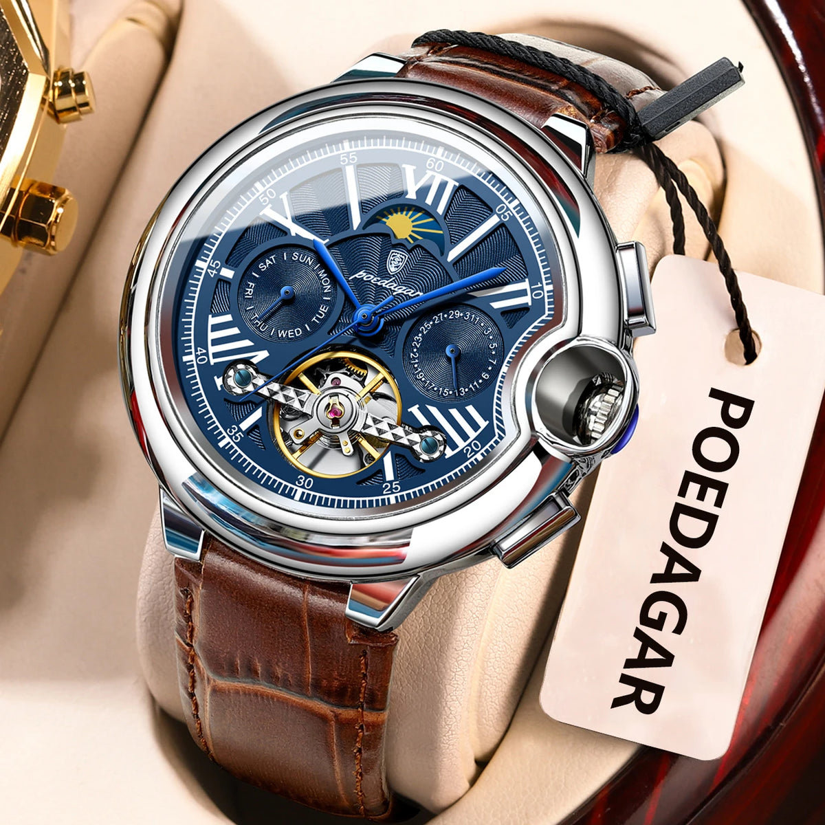Pánské hodinky POEDAGAR, luxusní a profesionální styl, s ukazatelem data a dne v týdnu, tourbillonem, pouzdrem z nerezové oceli, automatickým mechanickým strojkem a vodotěsností.