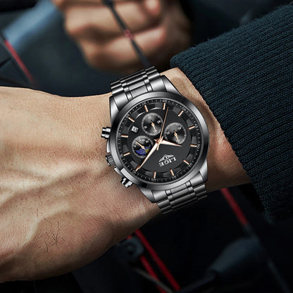 Pánske hodinky LIGE – luxusný quartzový chronograf, vodotesný (3 bary), s luminiscenčnými ručičkami