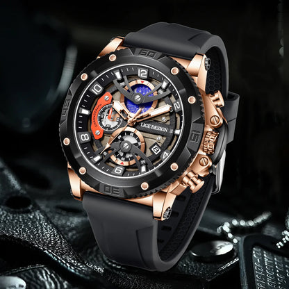 Montre pour homme LIGE Sports – Chronographe de luxe, bracelet en silicone, petits cadrans fonctionnels, mouvement à quartz, étanche et luminescente