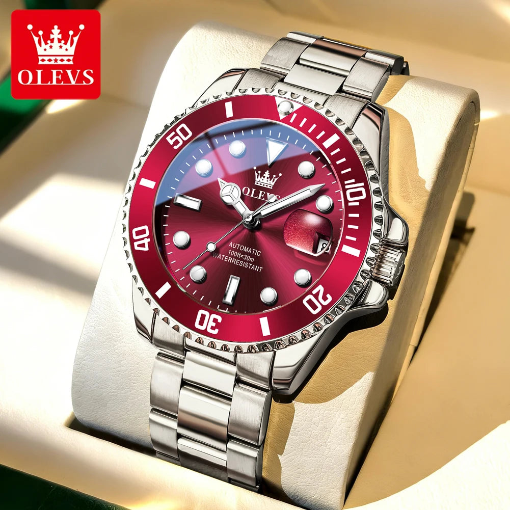 Relógio mecânico automático de luxo para homem OLEVS 6650 – Estanque, luminescente, bracelete em aço – Relógio de pulso para homem, estilo profissional, marca de prestígio