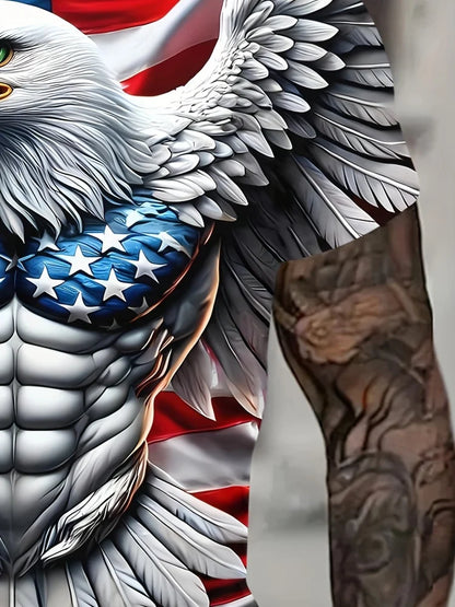 T-shirt patriótica para homem com estampado 3D de águia, gola redonda, manga curta, estilo casual, para verão, moda, atividades ao ar livre e vestuário masculino