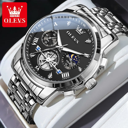 OLEVS Men's Watches Classic Multifunctional Flywheel Chronograph Original Quartz Wristwatch Moon Phase 24 Hour Waterproof Watch