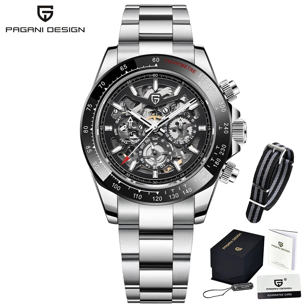 PAGANI DESIGN Orologio meccanico automatico da uomo in acciaio inossidabile, impermeabile 10Bar, sportivo, di lusso casual per uomo