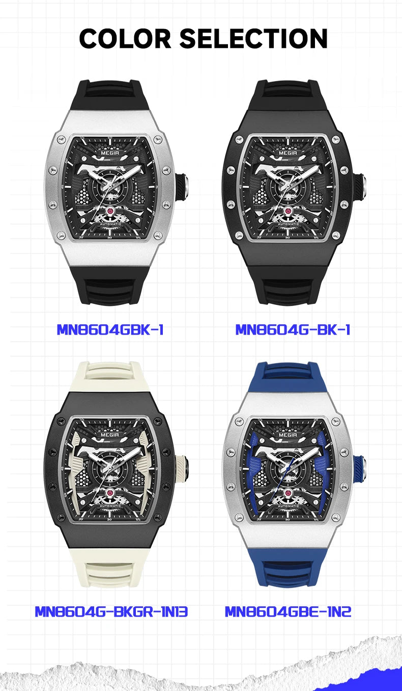MEGIR Men's Automatic Mechanical Watch with Stainless Steel Case Sillicone Strap Fashion Waterproof Luminous Wristwatch 8604