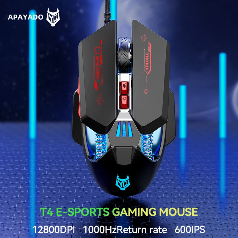 1K Hz Gaming Mouse Wired APAYADO T4 RGB Mouse with Ultra-light Cord 60IPS, 12800DPI for Laptop/Computer