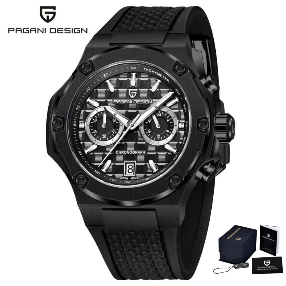 PAGANI DESIGN PD-YS032 Men's Quartz Watch 44mm Japan VK64 Movt Stainless Steel Case Rubber Strap Sapphire Glass 100M Waterproof