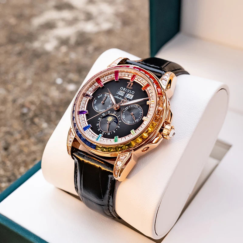 OBLVLO Men Automatic Watch 40mm Mechanical Wristwatch 5ATM Luminous Crystal Bezel Year,Month,Week,Date,24 Hours TY1655 Mov.