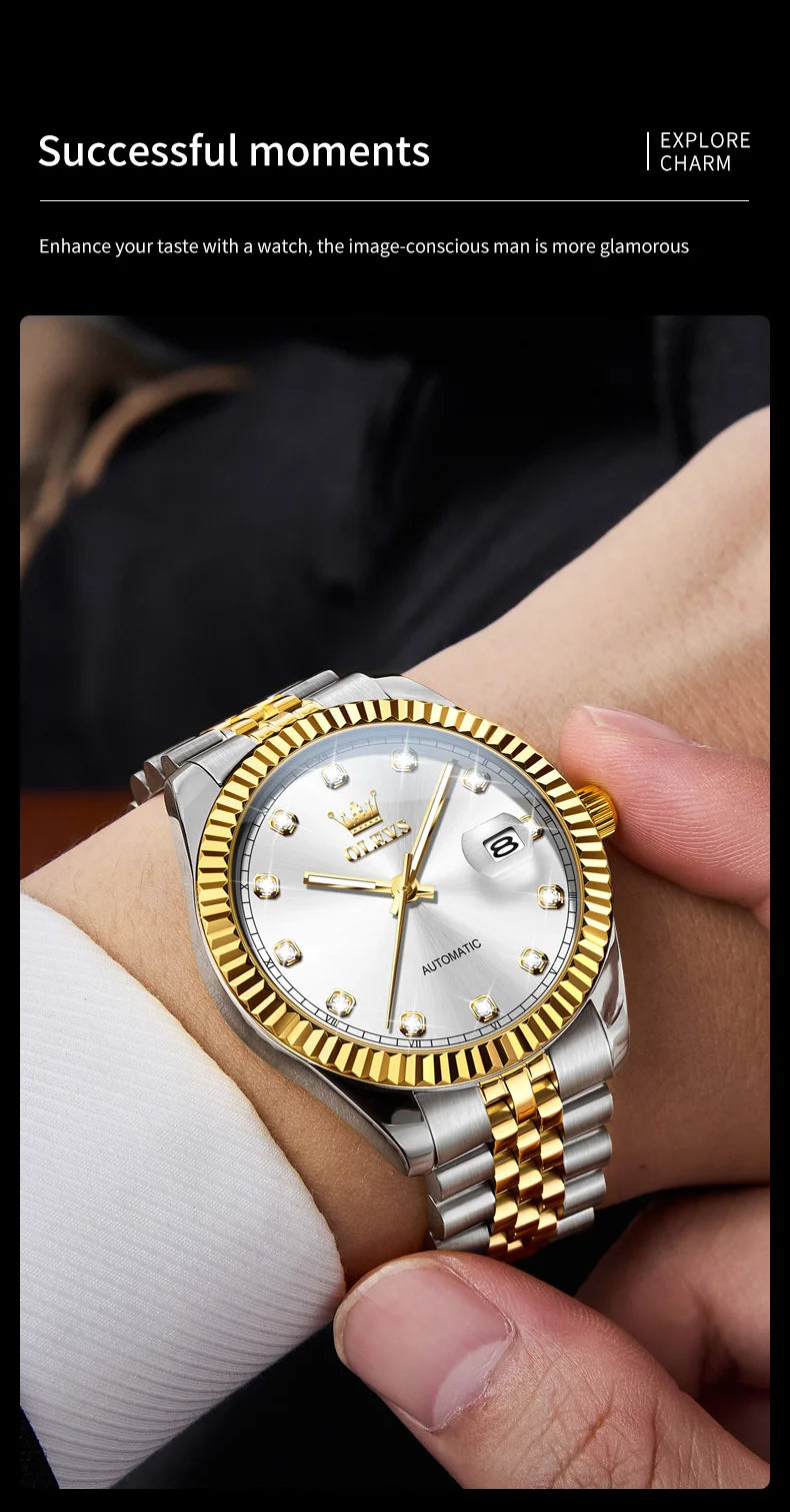 OLEVS New Automatic Watches Man Original Luxury Diamond Dial Stainless Steel Waterproof Auto Date Mechanical Watch for Men 6743
