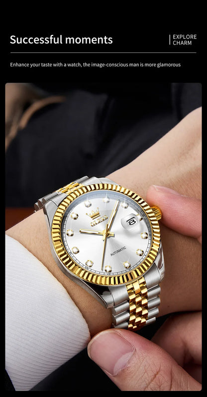 OLEVS New Automatic Watches Man Original Luxury Diamond Dial Stainless Steel Waterproof Auto Date Mechanical Watch for Men 6743