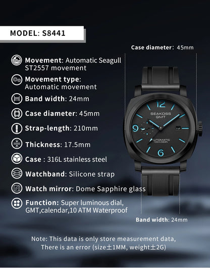 SEAKOSS GMT Men‘s Diving Automatic Mechanical Watches Seagull ST2557 Movement 316L Super Luminous Calendar 10Bar Reloj Homber