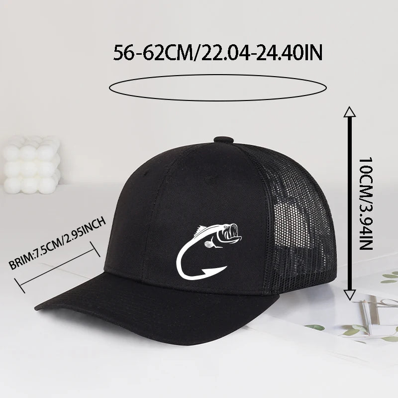 Trucker-kasket med bass-fiskekrog-print, justerbar, unisex, mesh, til fiskeentusiaster, solhat