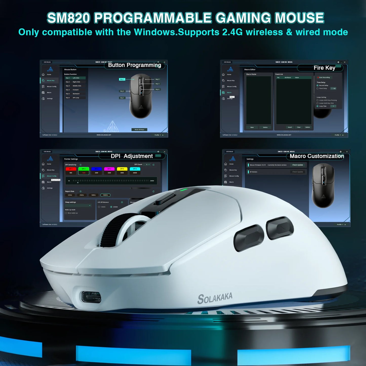 Mouse wireless tri-mode SOLAKAKA SM820 con dock di ricarica magnetico, RGB, PAW3311, 24000DPI, macro gaming, ultraleggero