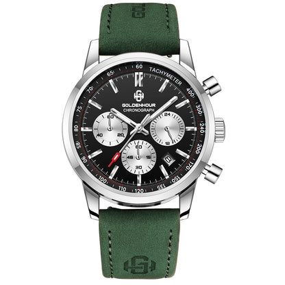Montre de luxe pour homme GOLDENHOUR – Chronographe à quartz, cadran vert, bracelet en cuir, étanche, luminescente, style militaire et sportif