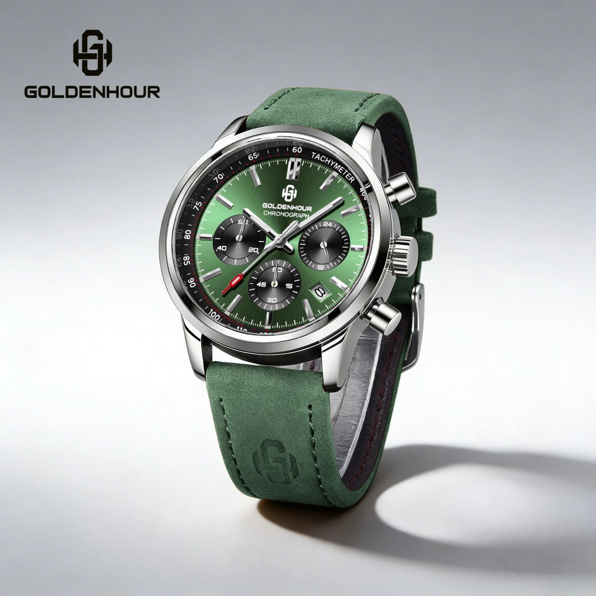 Montre de luxe pour homme GOLDENHOUR – Chronographe à quartz, cadran vert, bracelet en cuir, étanche, luminescente, style militaire et sportif