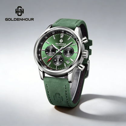Montre de luxe pour homme GOLDENHOUR – Chronographe à quartz, cadran vert, bracelet en cuir, étanche, luminescente, style militaire et sportif