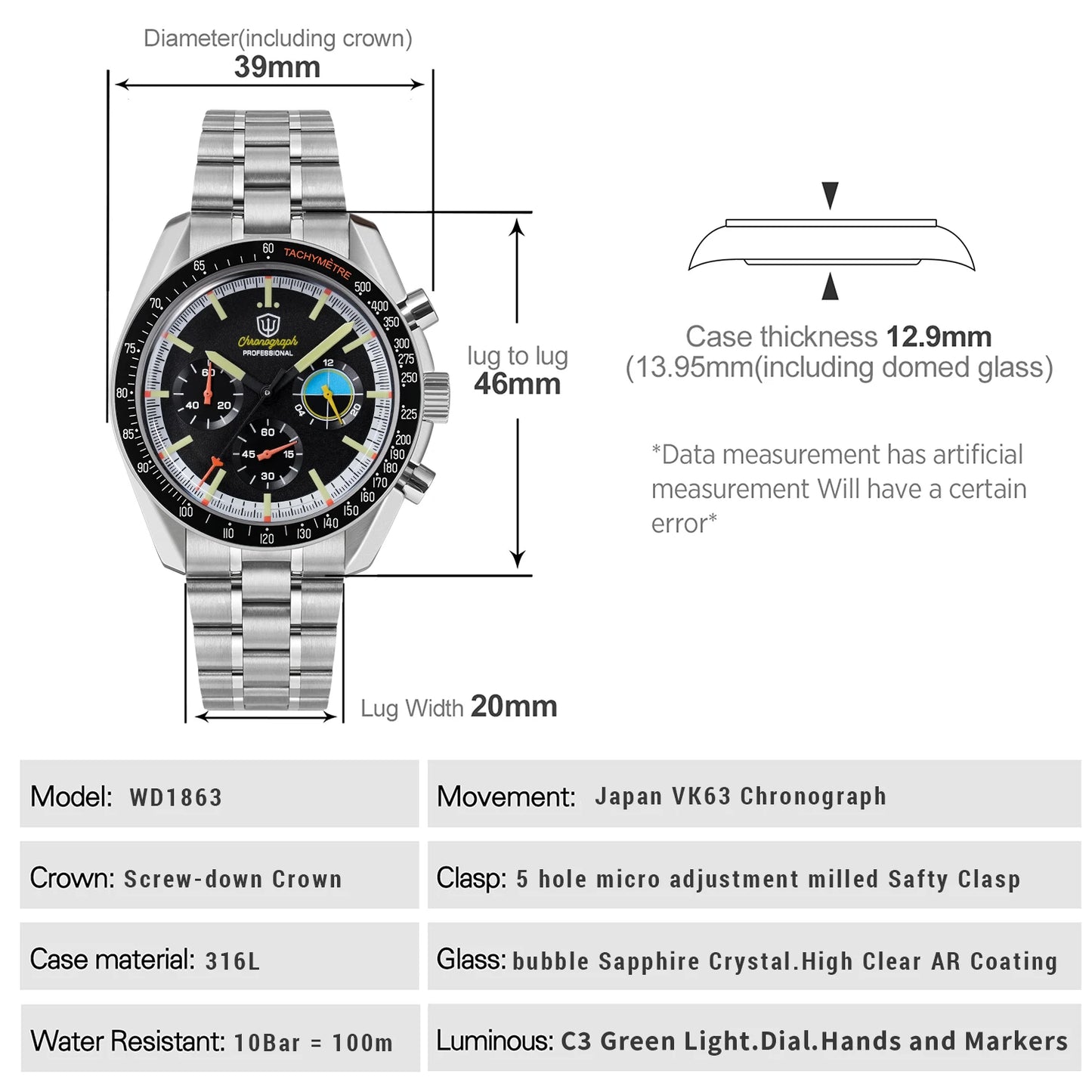 Watchdives WD1863 39mm Watch VK63 Quartz Chronograph Movement BGW9 Luminous 10Bar Waterproof 39mm Vintage Watches