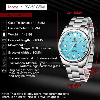 BENYAR 39mm Automatic Mechanical Watch Seagull Movt Men Stainless Steel 100M Waterproof Clock BWG-9 Luminous Reloj Hombre