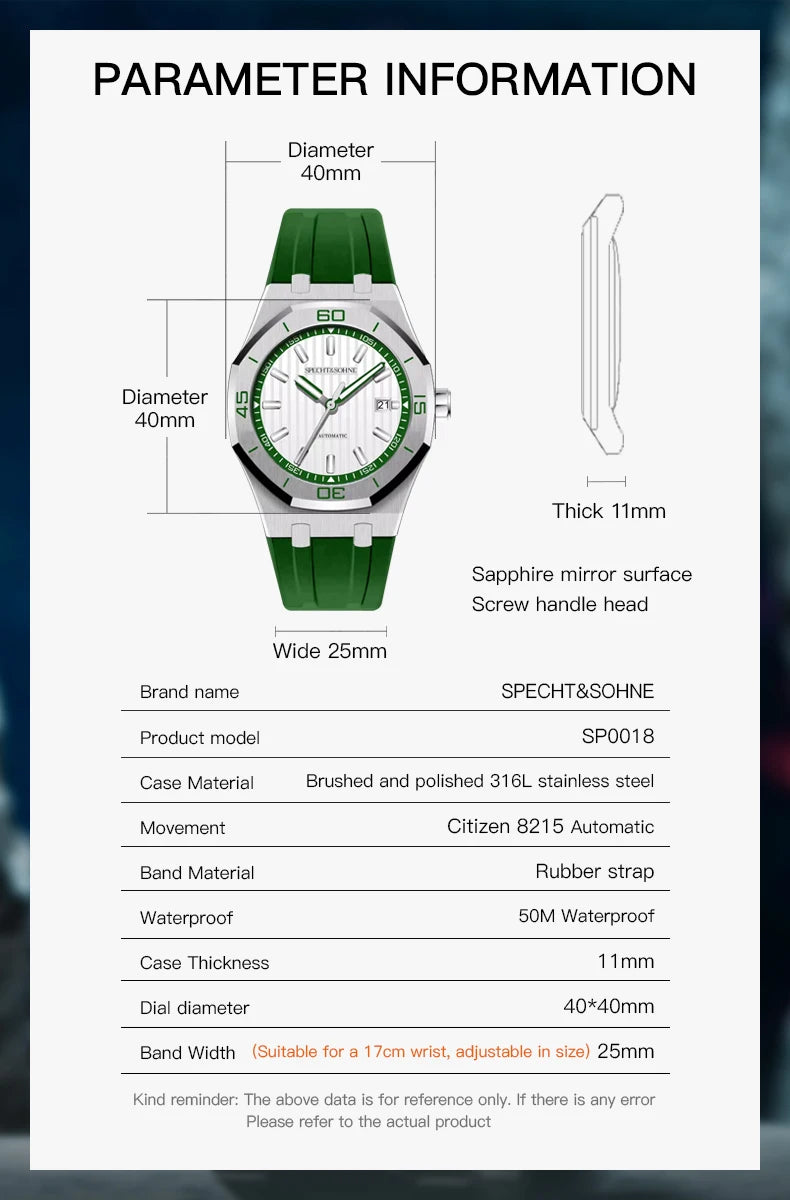 Specht&Sohne New Classic Men's Watch 50M Waterproof Luminous Sapphire Crystal Blue Automatic Mechanical Watches Reloj Hombre