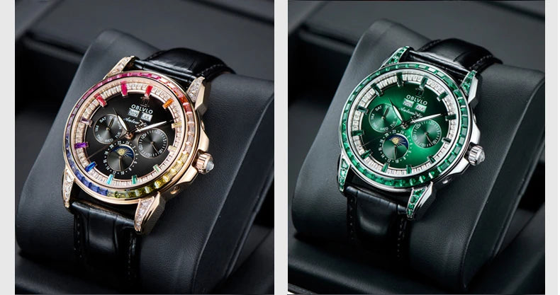 OBLVLO Men Automatic Watch 40mm Mechanical Wristwatch 5ATM Luminous Crystal Bezel Year,Month,Week,Date,24 Hours TY1655 Mov.