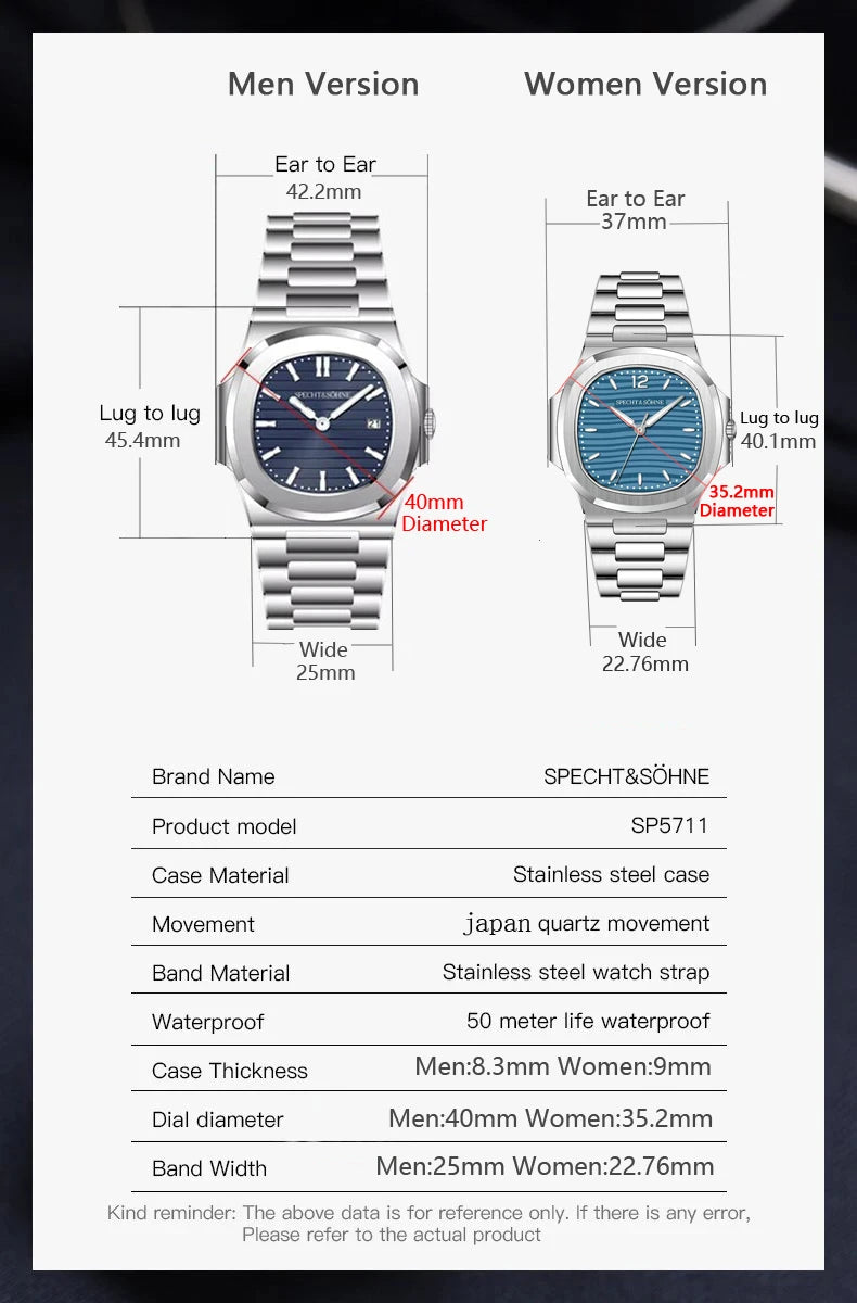 Specht & Söhne New Arrivals Mens Watch Rose Gold 5711 Classic Sports Watches Ultrathin Stainless Steel Sapphire 50M Waterproof