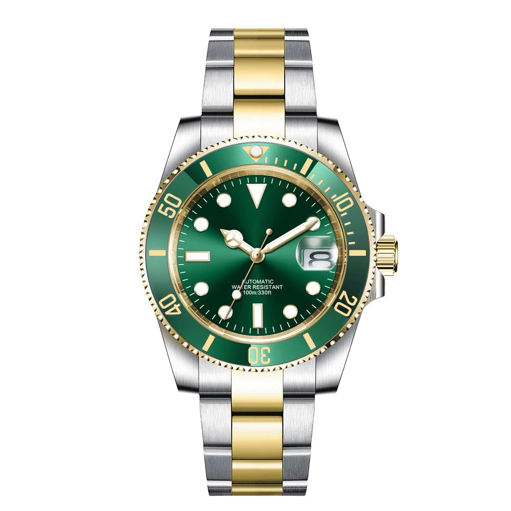 Custom logo NH35 MIYOTA 8215 Automatic Men Watch Luxury Diver Two Tone Gold 316L Stainless Steel Sapphire 10ATM Sterile  Sunburs