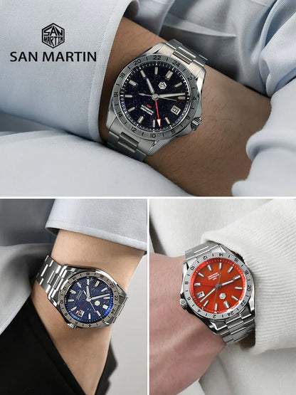 Reloj de lujo para hombre San Martin 39mm con esfera de aventurina, NH34 GMT automático mecánico, zafiro, resistente al agua, luminoso, SN0129