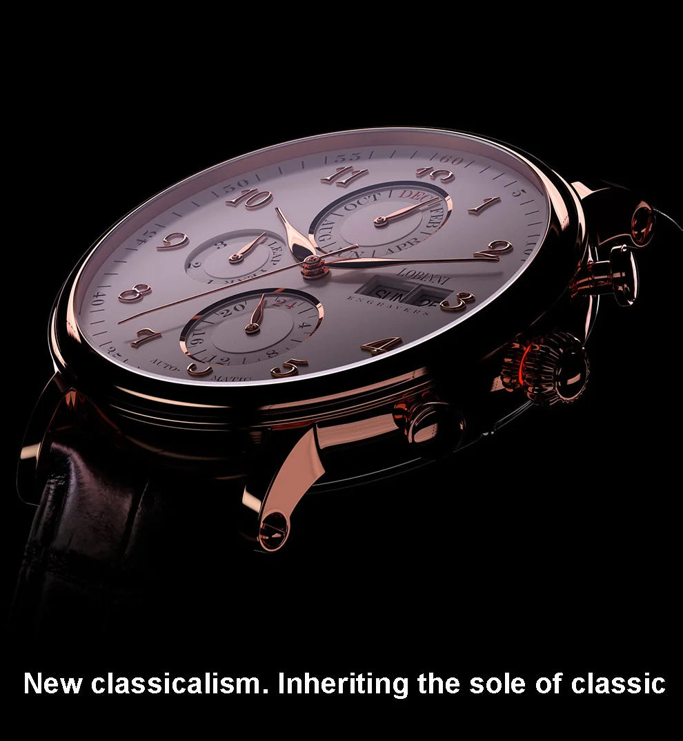 Reloj de lujo suizo LOBINNI para hombre, mecánico automático con calendario perpetuo, cristal de zafiro y multifunción L13019-8
