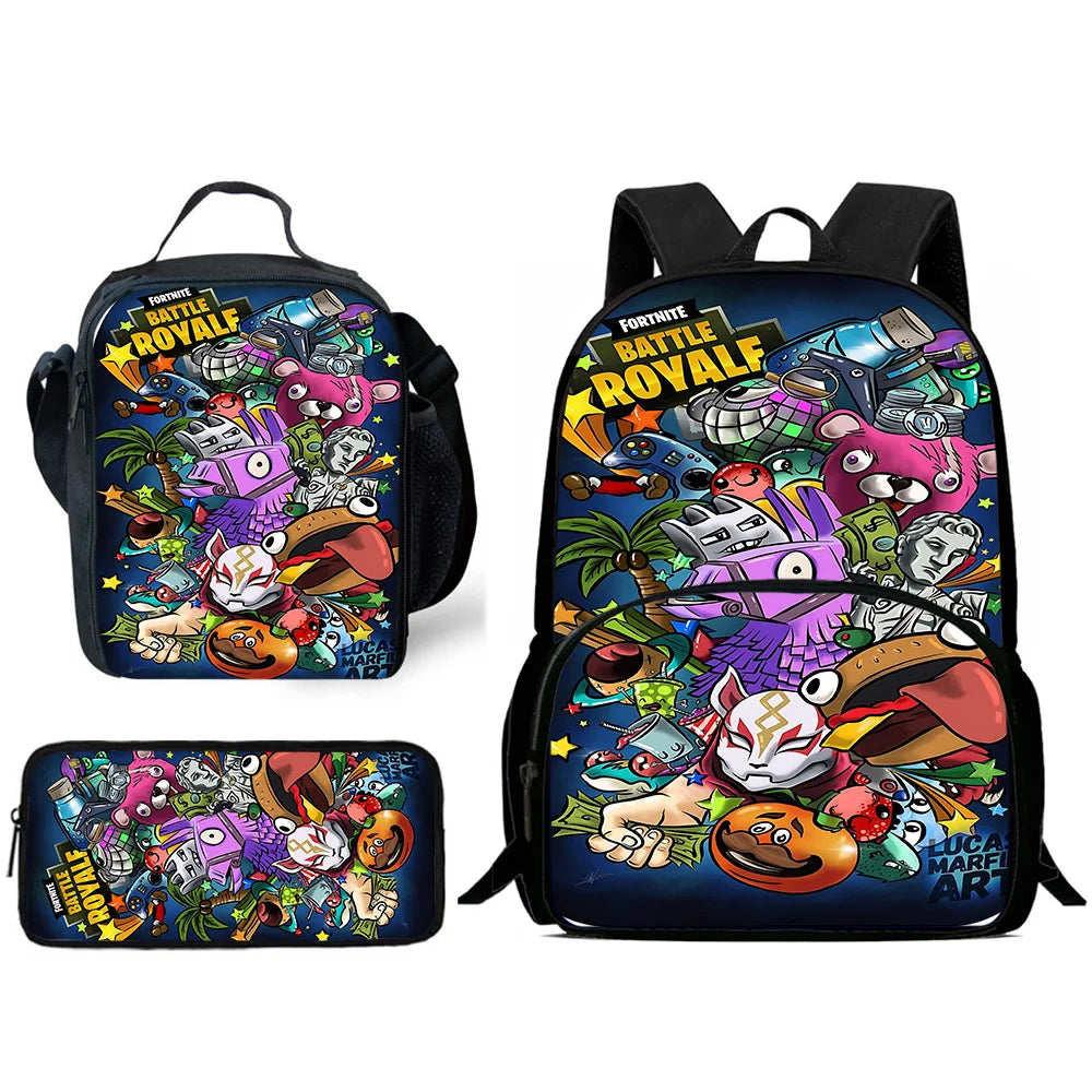 Mochilas Infantis com Design de Jogo Popular, Saco de Almoço e Estojo, Mochilas Escolares de Grande Capacidade para Alunos, Rapaz e Rapariga, Melhor Presente F-FortniteS