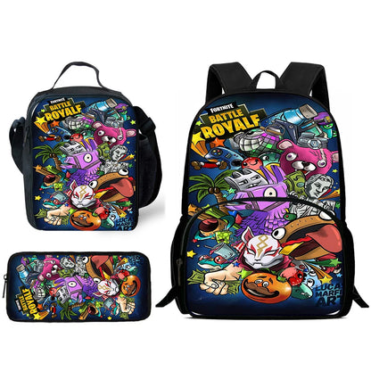 Mochilas Infantis com Design de Jogo Popular, Saco de Almoço e Estojo, Mochilas Escolares de Grande Capacidade para Alunos, Rapaz e Rapariga, Melhor Presente F-FortniteS
