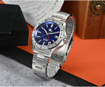 Reloj de lujo para hombre San Martin 39mm con esfera de aventurina, NH34 GMT automático mecánico, zafiro, resistente al agua, luminoso, SN0129