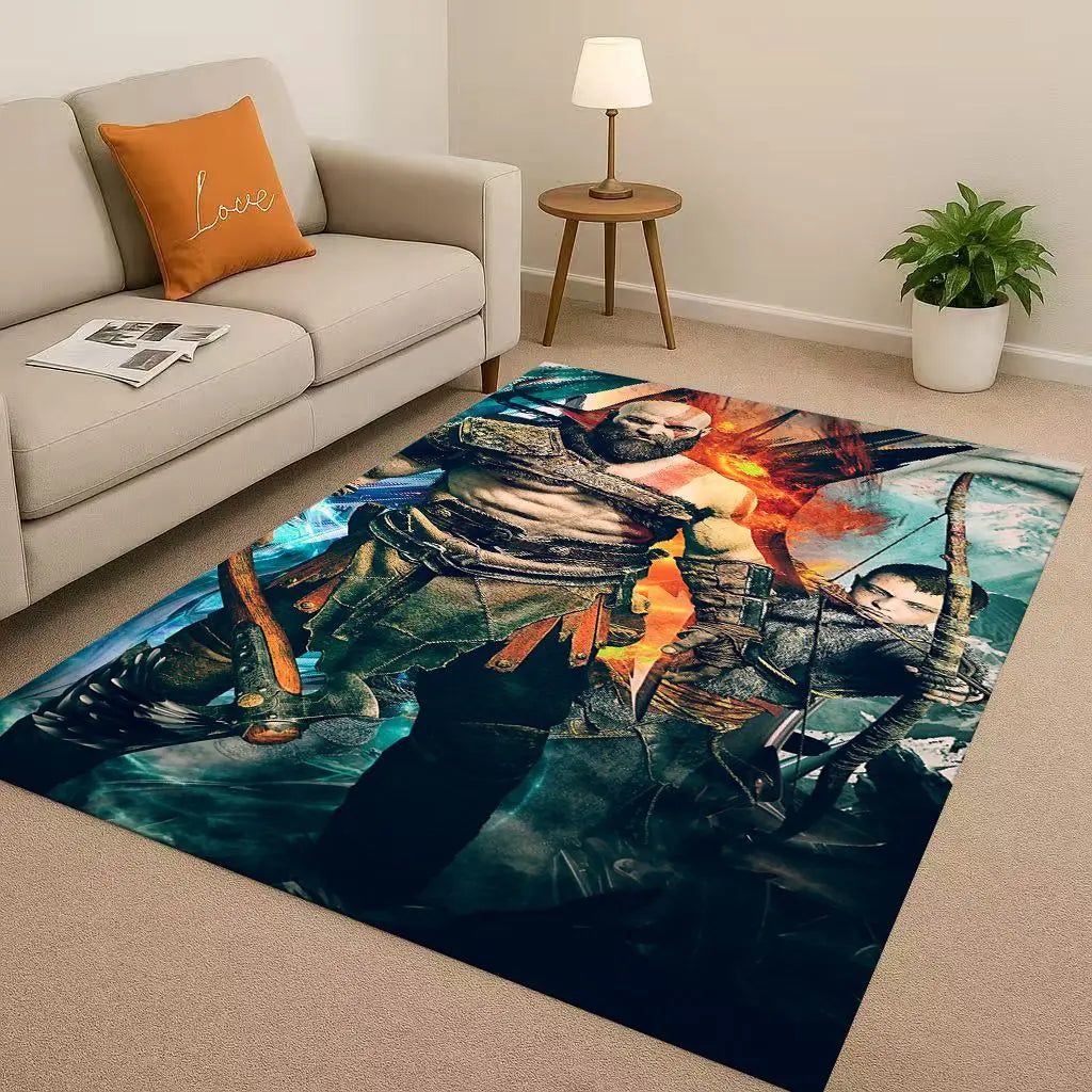Game God of War Kratos Cartoon Gamer Living Room Non-Slip Area Rug Soft Carpet for Bedroom Playroom Sofa,Easy Clean Home Doormat