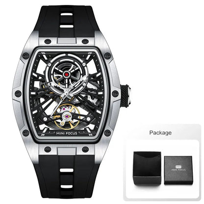 MINI FOCUS Men's Wristwatch Fashion Black Waterproof Automatic Mechanical Watch with Luminous Hands Silicone Strap Tonneau Dial