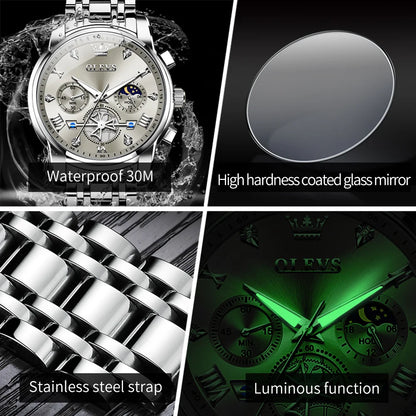 OLEVS Men's Watches Classic Multifunctional Flywheel Chronograph Original Quartz Wristwatch Moon Phase 24 Hour Waterproof Watch