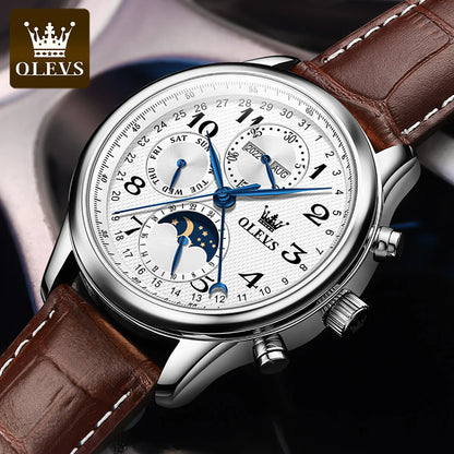 Montres pour hommes OLEVS 6667 avec phase de lune, 7 aiguilles, mécanisme automatique multifonction ; montre de luxe pour homme, idéale pour un style professionnel.