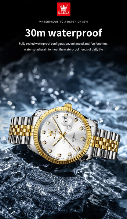 OLEVS New Automatic Watches Man Original Luxury Diamond Dial Stainless Steel Waterproof Auto Date Mechanical Watch for Men 6743