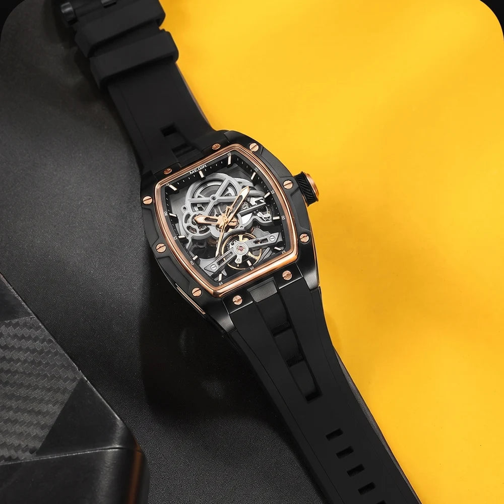 MEGIR mekanisk herreur, tonneau-form, skeletteret urskive med åbninger, sporty stil, silikonearmbånd, luksuriøst automatisk ur