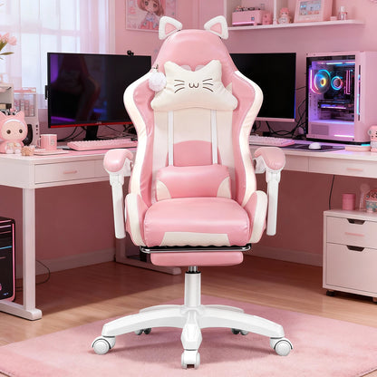 Sedia da gaming con orecchie da gatto, poltrona da computer con poggiapiedi e supporto lombare, sedia da gioco regolabile in altezza, seduta girevole a 360°