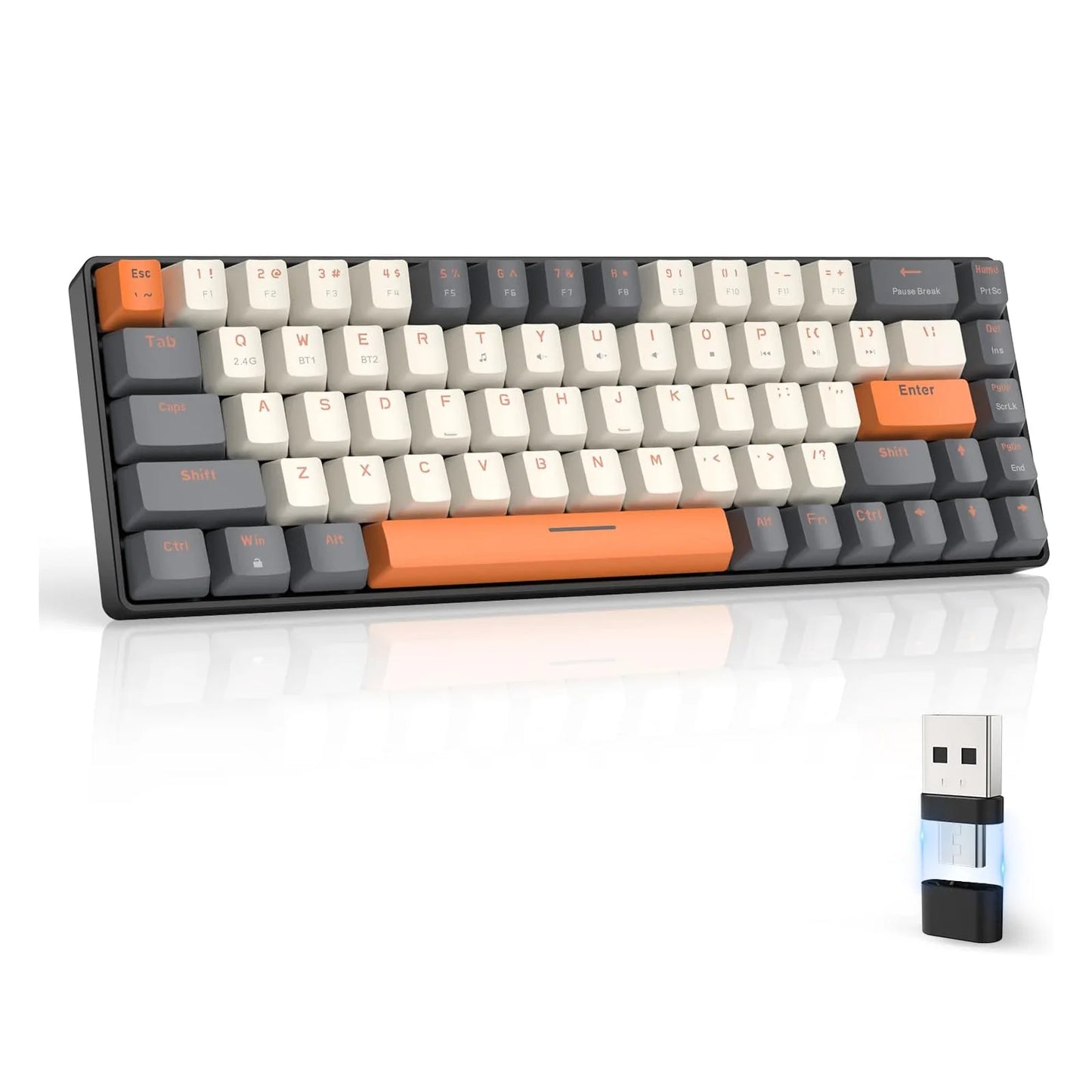 Teclado mecánico inalámbrico RK68 60%, Bluetooth 5.0/2.4GHz con receptor 2 en 1 de doble modo, teclado gaming de 68 teclas intercambiable en caliente
