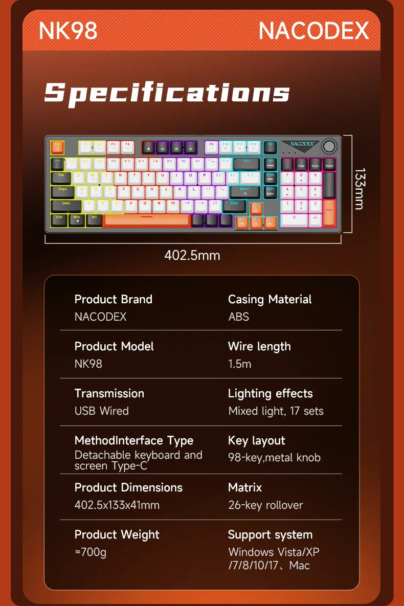 AJAZZ NK98 Wired Mechanical Keyboard: Full-Key Hot-Swap, 98-Key Layout for Precise Performance; Wired, Stable Control, Multi-System Compatibility; Windows Vista/XP/7/8/10/17, Mac: Wired connection for stable control and low latency