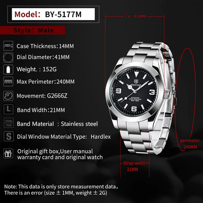 BENYAR 2025 Nuevo reloj mecánico automático para hombre, estilo business deportivo de lujo, relojes para hombre, resistente al agua 50M, Relogios Masculino