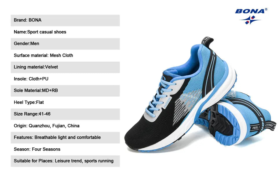 BONA New Popular Style Men's Running Mesh Weaving Upper Sport Shoes Ventilated Jogging Walking Sneakers Lace-Up