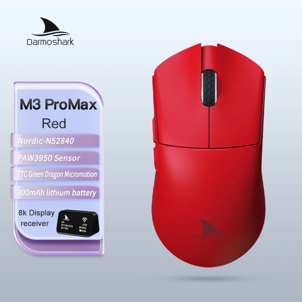 Mouse da gaming Darmoshark M3Pro 2.4G BT wireless tri-mode, sensore PAW3395, N52840, 26000DPI, mouse con driver macro per mani grandi per il gaming