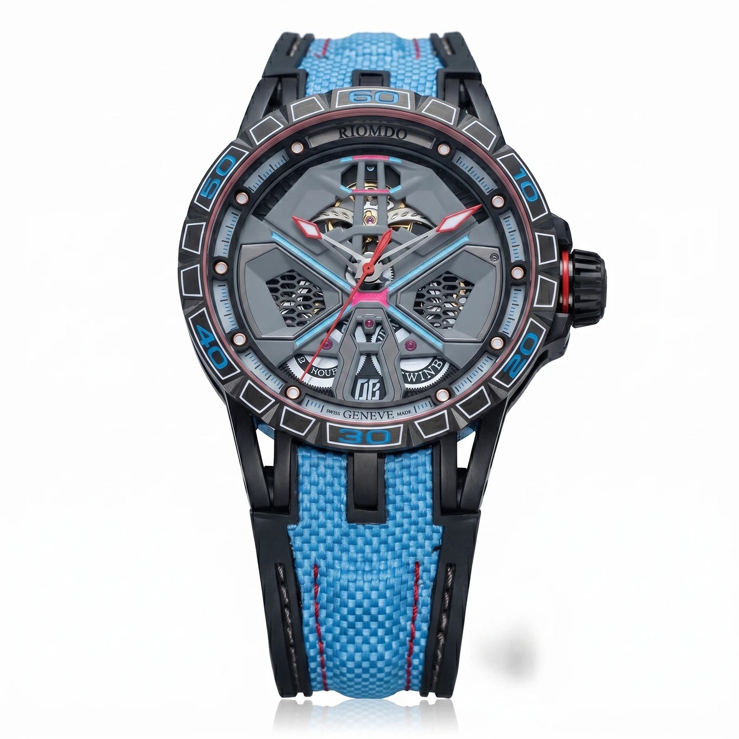 OBLVLO Mens Luxury Machinery Skeleton Mechanical Automatic Watches Analog Big Dial Blue Rubber Band Military Watch RD-909