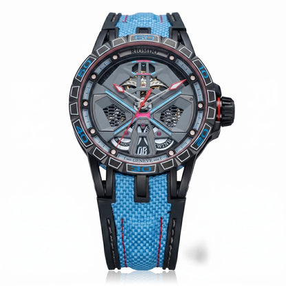 OBLVLO Mens Luxury Machinery Skeleton Mechanical Automatic Watches Analog Big Dial Blue Rubber Band Military Watch RD-909