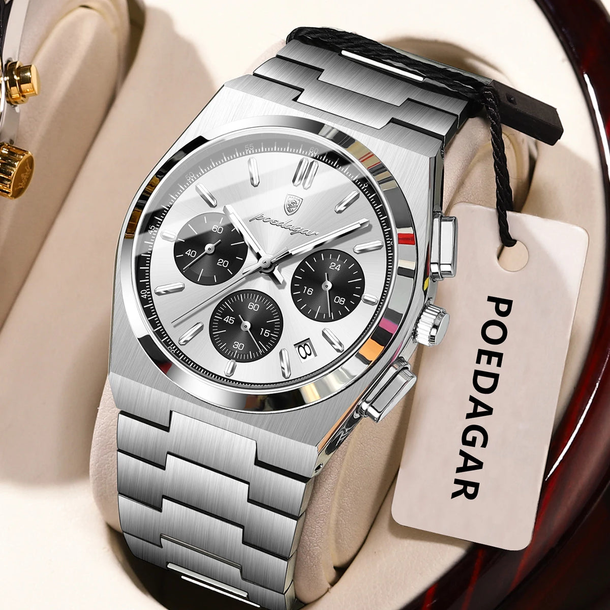 Pánské hodinky POEDAGAR – luxusní chronograf z nerezové oceli, s datem, vodotěsné a s luminiscenčními prvky – sportovní náramkové hodinky s quartzovým strojkem